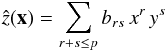 Mathematical equation: \begin{equation} \label{eq:polynomial surface}\hat z({\vec x})=\sum_{r+s\leq{p}}{b_{rs}\, x^r\, y^s} \end{equation}