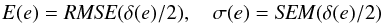 Mathematical equation: \begin{eqnarray} E(e)=\mathit{RMSE}(\delta(e) / 2), \quad \sigma(e)=\mathit{SEM}(\delta(e) / 2)\nonumber \end{eqnarray}