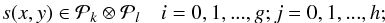 Mathematical equation: \begin{eqnarray} \label{eq:spline def 1}s(x,y)\in \mathcal{P}_k \otimes \mathcal{P}_l \quad i=0,1,...,g; j=0,1,...,h;\nonumber \end{eqnarray}