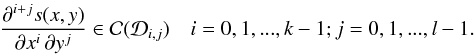 Mathematical equation: \begin{eqnarray} \label{eq:spline def 2}\frac{\partial^{i+j}s(x,y)}{\partial x^i\,\partial y^j}\in \mathcal{C}(\mathcal{D}_{i,j}) \quad i=0,1,...,k-1; j=0,1,...,l-1.\nonumber \end{eqnarray}