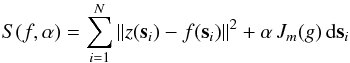 Mathematical equation: \begin{equation} \label{eq:TPS spline}S(f,\alpha)=\sum_{i=1}^N{\Arrowvert z({\vec s}_i)-f({\vec s}_i)}\Arrowvert^2+\alpha\,J_m(g)\,{\rm d}{{\vec s}_i} \end{equation}