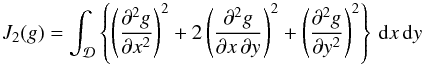 Mathematical equation: \begin{equation} \label{eq:TPS spline partials}J_2(g)=\int_\mathcal{D}\left\{\left(\frac{\partial ^2g}{\partial x^2}\right)^2+2\left(\frac{\partial ^2g}{\partial x\,\partial y}\right)^2+\left(\frac{\partial ^2g}{\partial y^2}\right)^2\right\}\,{\rm d}x\,{\rm d}y \end{equation}