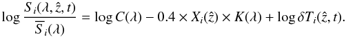 Mathematical equation: \begin{equation} \label{eq:multi-standard-1} \log \frac{S_{i} (\lambda, \hat{z}, t)}{\overline{S}_{i} (\lambda)} = \log C(\lambda) - 0.4 \times X_{i}(\hat{z}) \times K(\lambda) + \log \delta T_{i}(\hat{z}, t). \end{equation}