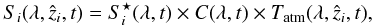 Mathematical equation: \begin{equation} \label{eq:formalism-1} S_{i}(\lambda, \hat{z}_{i}, t) = S^{\star}_{i}(\lambda, t) \times C(\lambda, t) \times T_{\atm}(\lambda, \hat{z}_{i}, t), \end{equation}