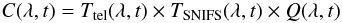 Mathematical equation: \begin{equation} \label{eq:formalism-2} C(\lambda, t) = T_{\rm tel}(\lambda, t) \times T_{\rm SNIFS}(\lambda, t) \times Q(\lambda, t) \end{equation}