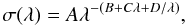 Mathematical equation: \begin{equation} \label{eq:rayleigh-2} \sigma(\lambda) = A \lambda^{-\left(B + C \lambda + D/\lambda \right)}, \end{equation}