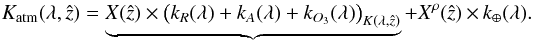 Mathematical equation: \begin{equation} \label{eq:telluric-1} K_{\atm}(\lambda, \hat{z}) = \underbrace{ X(\hat{z}) \times \left( k_{R}(\lambda) + k_{A}(\lambda) + k_{O_3}(\lambda) \right) _{K(\lambda, \hat{z})}} + X^{\rho}(\hat{z}) \times k_{\oplus}(\lambda). \end{equation}