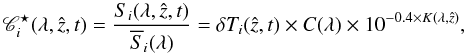 Mathematical equation: \begin{equation} \label{eq:telluric-2} \mathscr{C}^{\star}_{i}(\lambda, \hat{z}, t) = \frac{S_{i}(\lambda, \hat{z}, t)}{\overline{S}_{i}(\lambda)} = \delta T_{i}(\hat{z}, t) \times C(\lambda) \times 10^{-0.4 \times K(\lambda, \hat{z})}, \end{equation}