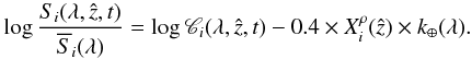 Mathematical equation: \begin{equation} \label{eq:telluric-3} \log \frac{S_{i} (\lambda, \hat{z}, t)}{\overline{S}_{i}(\lambda)} = \log \mathscr{C}_{i}(\lambda, \hat{z}, t) - 0.4 \times X_{i}^{\rho}(\hat{z}) \times k_{\oplus}(\lambda). \end{equation}