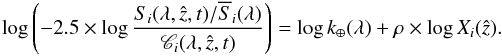 Mathematical equation: \begin{equation} \label{eq:telluric-4} \log \left( -2.5 \times \log \frac{S_{i}(\lambda, \hat{z}, t)/\overline{S}_{i}(\lambda)}{ \mathscr{C}_{i}(\lambda, \hat{z}, t)} \right) = \log k_{\oplus}(\lambda) + \rho \times \log X_{i}(\hat{z}). \end{equation}