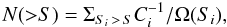 Mathematical equation: \begin{equation} N({>}S) = \Sigma_{S_i\,>\,S} C_i^{-1}/\Omega(S_i) , \label{lnls} \end{equation}