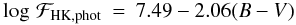 Mathematical equation: \begin{eqnarray} \label{phot_ms_1} \log\, \mathcal{F}_{\rm{HK,phot}} & = & 7.49 - 2.06 (B-V) \end{eqnarray}