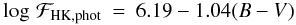 Mathematical equation: \begin{eqnarray} \label{phot_ms_2} \log\, \mathcal{F}_{\rm{HK,phot}} & = & 6.19 - 1.04 (B-V) \end{eqnarray}