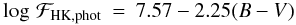 Mathematical equation: \begin{eqnarray} \label{phot_sg_1} \log\, \mathcal{F}_{\rm{HK,phot}} & = & 7.57 - 2.25 (B-V) \end{eqnarray}