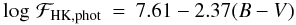 Mathematical equation: \begin{eqnarray} \label{phot_g_1} \log\, \mathcal{F}_{\rm{HK,phot}} & = & 7.61 - 2.37 (B-V) \end{eqnarray}