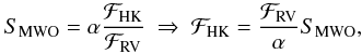 Mathematical equation: \begin{eqnarray} \label{s_flux} S_{\rm{MWO}} =\alpha \frac{\mathcal{F}_{\rm{HK}}}{\mathcal{F}_{\rm{RV}}}~ \Rightarrow ~\mathcal{F}_{\rm{HK}} = \frac{\mathcal{F}_{\rm{RV}}}{\alpha} S_{\rm{MWO}}, \end{eqnarray}
