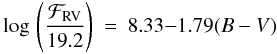 Mathematical equation: \begin{eqnarray} \label{rv_g} \log\, \left(\frac{\mathcal{F}_{\rm{RV}}}{19.2} \right) & = & 8.33 {-} 1.79(B-V) \end{eqnarray}