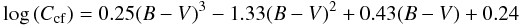 Mathematical equation: \begin{equation} \label{ccfms} \log\,(C_{\rm{cf}}) = 0.25(B-V)^{3} - 1.33(B-V)^{2} + 0.43(B-V) + 0.24 \end{equation}