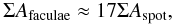 Mathematical equation: \begin{equation} \Sigma A_{\rm faculae}\approx 17 \Sigma A_{\rm spot} , \end{equation}