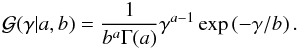 Mathematical equation: \appendix \setcounter{section}{1} \begin{equation} \label{Eq:GammaPDF} \mathcal{G}(\gamma|a, b) = \frac{1}{b^a \Gamma(a)} \gamma^{a - 1}\exp \left( - \gamma / b \right). \end{equation}