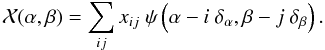Mathematical equation: \begin{equation} \label{Eq:DecompoCiel} \Ciel(\alpha,\beta) = \sum_{ij} x_{ij} ~ \psi\left(\alpha - i~\Ta, \beta - j~\Tb\right). \end{equation}