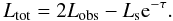Mathematical equation: \appendix \setcounter{section}{2} \begin{equation} L_{\rm tot}=2L_{\rm obs}-L_{\rm s}{\rm e}^{-\tau}. \end{equation}