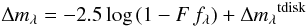 Mathematical equation: \begin{equation} \label{eq:atten} \Delta m{_\lambda}=-2.5 \log \left( 1-F\,f_{\lambda} \right) + \Delta m{_\lambda}^{\rm tdisk} \end{equation}