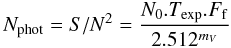 Mathematical equation: \begin{equation} N_{\rm phot} = S/N^2 = \frac{ N_0 . T_{\rm exp} . F_{\rm f} }{ 2.512^{m_V} } \label{equa1} \end{equation}