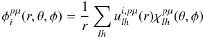 Mathematical equation: \begin{equation} \label{sce} \phi _{i}^{p \mu} (r,\theta,\phi) = \frac{1}{r} \sum _{lh} u_{lh}^{i,p \mu} (r) \chi _{lh}^{p \mu}(\theta,\phi)\, \end{equation}