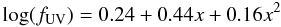 Mathematical equation: \begin{equation} \log(f_{\rm UV}) = 0.24 + 0.44 x + 0.16 x^2 \end{equation}