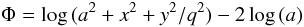 Mathematical equation: \begin{equation*} \Phi=\log\, (a^2+x^2 + y^2/q^2)- 2\log\,(a) \end{equation*}