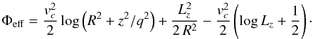 Mathematical equation: \begin{equation*} \Phi_{\rm eff}= \frac{v_c^2}{2} \log\left( R^2 + z^2/q^2\right) +\frac{L_z^2}{2\,R^2} - \frac{v_c^2}{2}\left(\log L_z + \frac{1}{2}\right)\cdot \end{equation*}