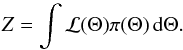 Mathematical equation: \begin{equation} \label{NS:Z} Z = \int \mathcal{L}(\Theta) \pi(\Theta) \, {\rm d}\Theta. \end{equation}