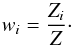 Mathematical equation: \begin{equation} \label{INS:wi} w_i = \frac{Z_i}{Z}\cdot \end{equation}