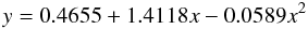 Mathematical equation: \begin{equation} y = 0.4655 + 1.4118 x - 0.0589 x^2 \end{equation}