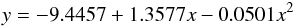 Mathematical equation: \begin{equation} y = -9.4457 + 1.3577 x - 0.0501 x^2 \end{equation}