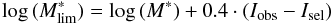 Mathematical equation: \begin{equation} \log\,(M^*_{\rm lim}) = \log\,(M^*) + 0.4 \cdot (I_{\rm obs} - I_{\rm sel}) \end{equation}