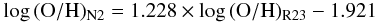Mathematical equation: \begin{equation} \log\,(\rm{O/H})_{N2} = 1.228 \times \log\,(\rm{O/H})_{R23} - 1.921 \end{equation}