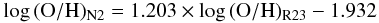 Mathematical equation: \begin{equation} \log\,(\rm{O/H})_{N2} = 1.203 \times \log\,(\rm{O/H})_{R23} - 1.932 \end{equation}