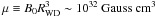 Mathematical equation: \hbox{$\mu \equiv B_{0}R_{\mathrm {WD}}^3\sim10^{32}~\mathrm{Gauss\ cm^3}$}