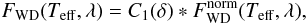 Mathematical equation: $$ F_{\rm {WD}}(T_{\rm {eff}}, \lambda) = C_1(\delta) * F^{\rm {norm}}_{\rm {WD}}(T_{\rm {eff}}, \lambda), $$