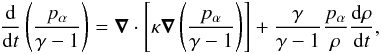Mathematical equation: \begin{equation} \frac{\mathrm{d}}{\mathrm{d}t} \left( \frac{p_\alpha}{\gamma-1} \right)=\vec{\nabla}\cdot\left[\kappa \vec{\nabla}\left(\frac{p_\alpha}{\gamma-1}\right) \right]+\frac{\gamma}{\gamma-1}\frac{p_\alpha}{\rho}\frac{\mathrm{d}\rho}{\mathrm{d}t} , \label{eqdiff} \end{equation}