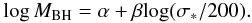 Mathematical equation: \begin{equation} {\rm log}\,M_{\rm BH} = \alpha + \beta {\rm log}(\sigma_*/ 200). \end{equation}