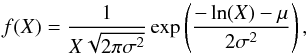 Mathematical equation: \begin{equation} f(X)=\frac{1}{X\sqrt{2\pi\sigma^2}}\exp\left({\frac{-\ln(X)-\mu}{2\sigma^2}}\right), \end{equation}