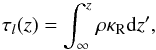 Mathematical equation: \begin{equation} \tau_l (z) = \int_{\infty}^z \rho \kappa_{\rm R} {\rm d}z' , \end{equation}