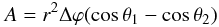 Mathematical equation: \appendix \setcounter{section}{1} \begin{equation} A = r^2 \Delta \varphi (\cos \theta_1 - \cos \theta_2) \end{equation}