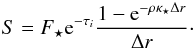 Mathematical equation: \appendix \setcounter{section}{1} \begin{equation} \label{eqa:stellheat} S = F_\star {\rm e}^{-\tau_i} \frac{1-{\rm e}^{-\rho \kappa_\star \Delta r}}{\Delta r}\cdot \end{equation}