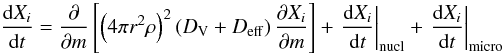 Mathematical equation: \begin{equation} \tderiv{X_i}{t} = \frac{\partial}{\partial m} \left[ \left(4 \pi r^2 \rho \right)^2 \left(\Dv + D\ind{eff} \right) \pderiv{X_i}{m} \right] + \left. \tderiv{X_i}{t} \right|_{\rm nucl} + \left. \tderiv{X_i}{t} \right|_{\rm micro} \end{equation}