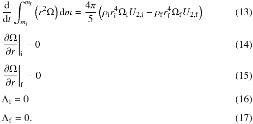 Mathematical equation: \begin{eqnarray} \label{eq:conv1}&& \frac{\d}{\d t} \int_{m\ind i}^{m\ind f} \left(r^2 \Omega \right) \d m = \frac{4 \pi} 5 \left(\rho\ind i r\ind{i}^4 \Omega\ind i U\ind{2,i} - \rho\ind f r\ind{f}^4 \Omega\ind f U\ind{2,f} \right) \\[1.5mm] \label{eq:conv2}&& \left. \frac{\partial \Omega}{\partial r}\right|\ind i = 0 \\[1.5mm] \label{eq:conv3}&& \left. \frac{\partial \Omega}{\partial r}\right|\ind f = 0 \\[1.5mm] \label{eq:conv4}&& \Lambda\ind i = 0 \\[1.5mm] \label{eq:conv5}&& \Lambda\ind f = 0 . \end{eqnarray}