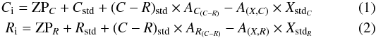 Mathematical equation: \begin{eqnarray} C_{\rm i} = {\rm ZP}_C + C_{\rm std} + (C-R)_{\rm std} \times A_{C_{(C-R)}} - A_{(X,C)} \times X_{\rm std_{\it C}}\\ R_{\rm i} = {\rm ZP}_R + R_{\rm std} + (C-R)_{\rm std} \times A_{R_{(C-R)}} - A_{(X,R)} \times X_{\rm std_{\it R}} \end{eqnarray}